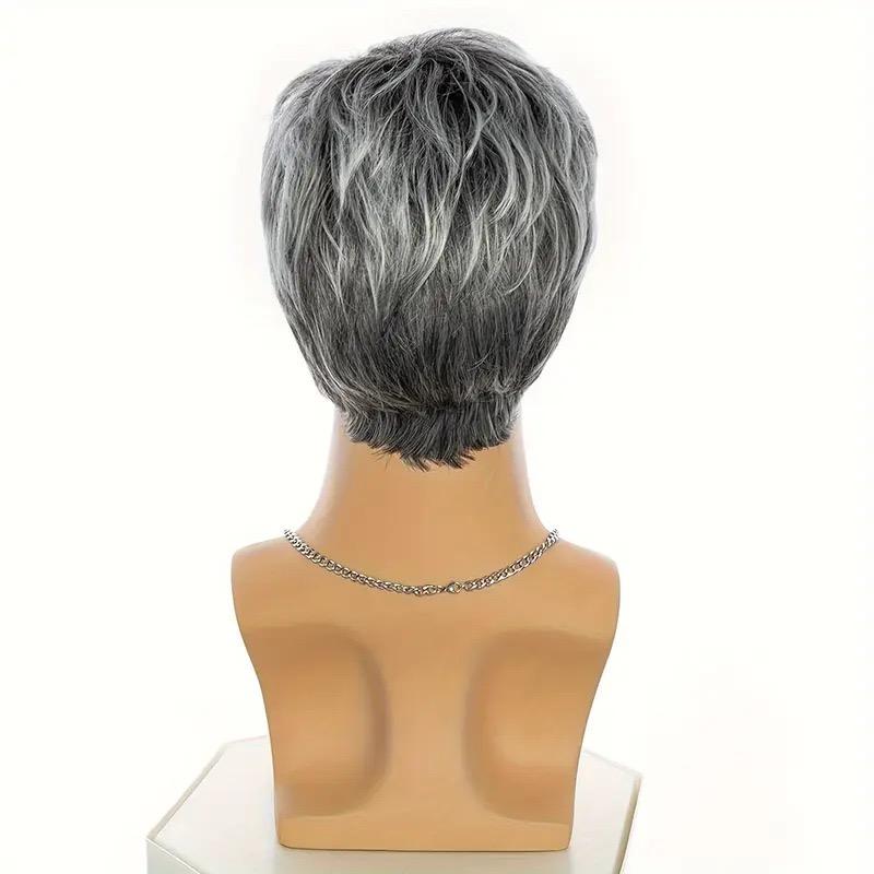 Gray Short Synthetic Wig, Men's Layered Straight Wig with Bangs for Daily Wear