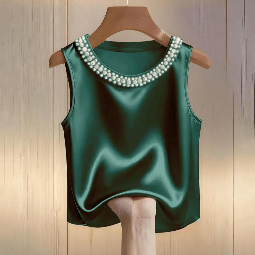Damen-T-Shirt mit Satin-Perlenmuster, Rundhalsausschnitt und kurzen Ärmeln, lässiges Oberteil