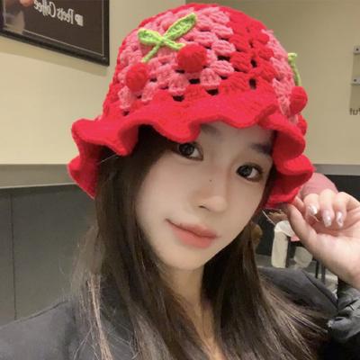 Spring and Autumn Retro Hollow Flowers Handmade Knitted Basin Hat Female Sweet Versatile Wool Hat Shows Small Trend