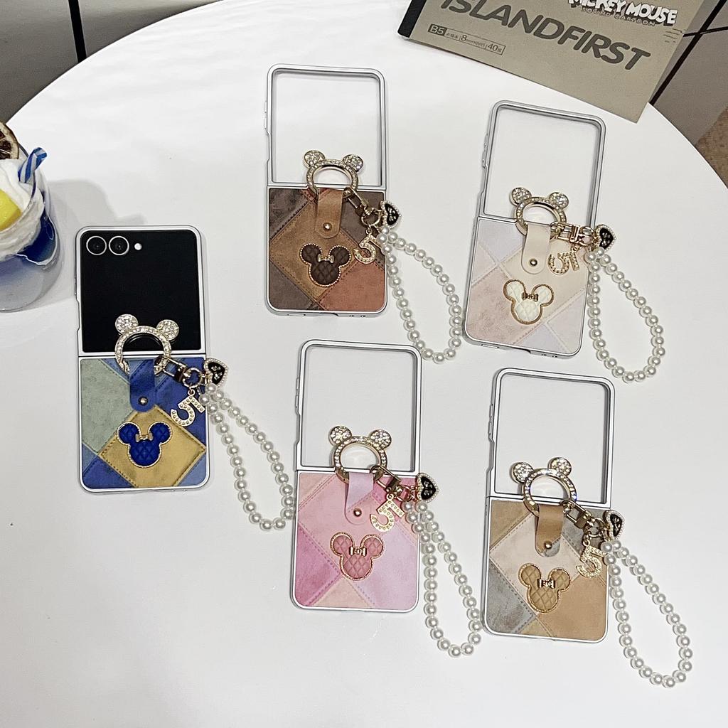 3D Silver Edged Ring Wrist Strap Retro Mouse Phone Case with Pearl Bracelet for Samsung Galaxy Z Flip 7 FE 6 5 4 3 Flip7