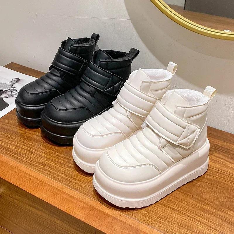 8CM Silná Podrážka Bavlněné Boty Dámské Sněhule Plyšové Teplé Zapínání na Suchý Zip Zvyšující Výšku Pohodlné Lehké Krátké Boty Botines