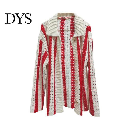 Loose Fit Men Shirt Fall Spring Cardigan Knitted Hollow Out Turn-down Collar Striped Single-breasted Long Sleeves Color Matching Slicing Patchwork