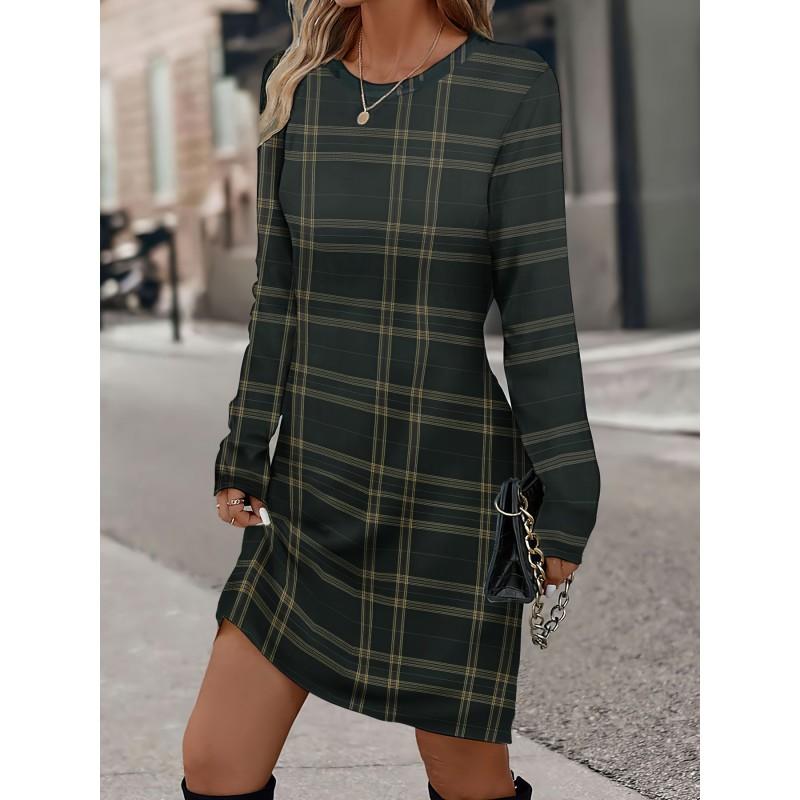 Womens Heart Print Round Neck Long Sleeve Plaid Patchwork Midi Dress Elegant Casual Office Wear