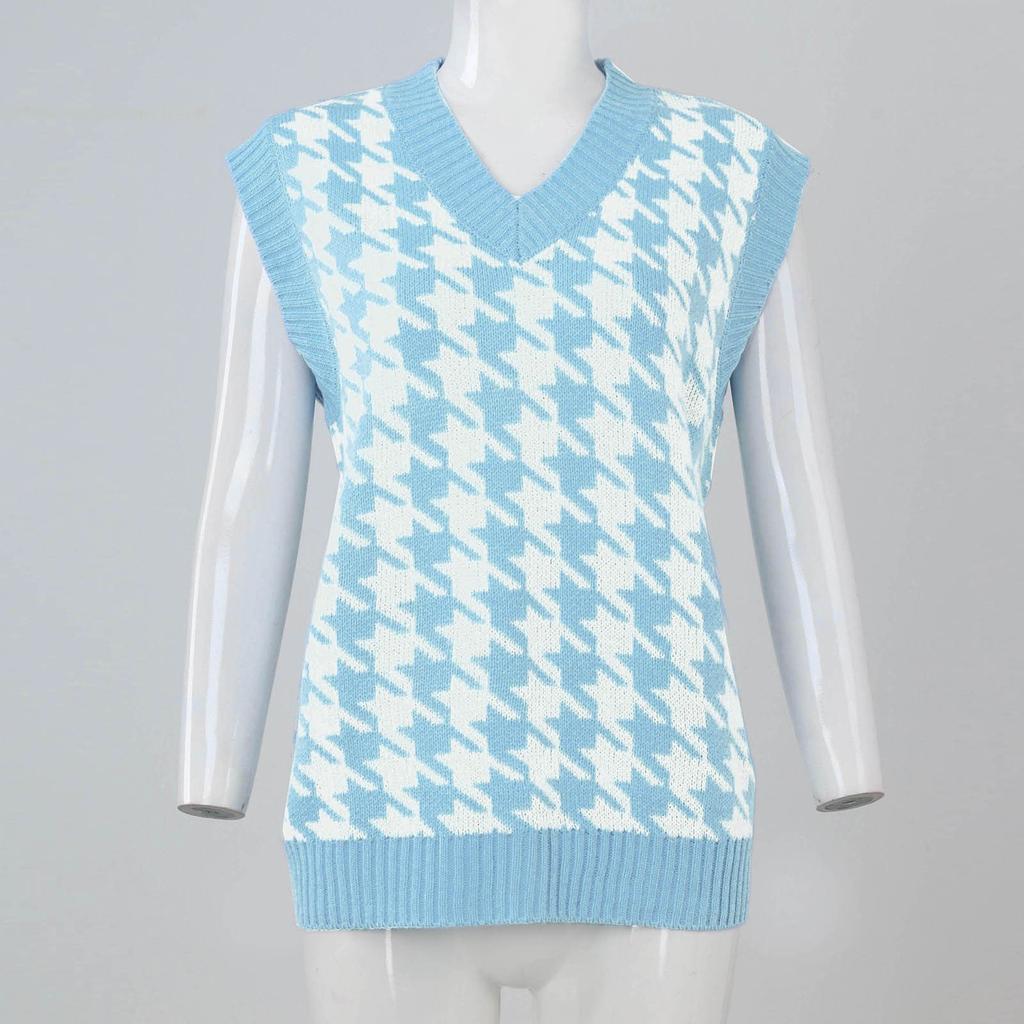 Sweater Vest Women Loose V-neck Plaid Retro Underwear Knitted Tops Korean Fashion Patchwork Sleeveless Sweaters Woman Streetwear