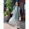 2026 Spring Sweet Lace Short-Sleeve Dress with Denim Maxi Skirt