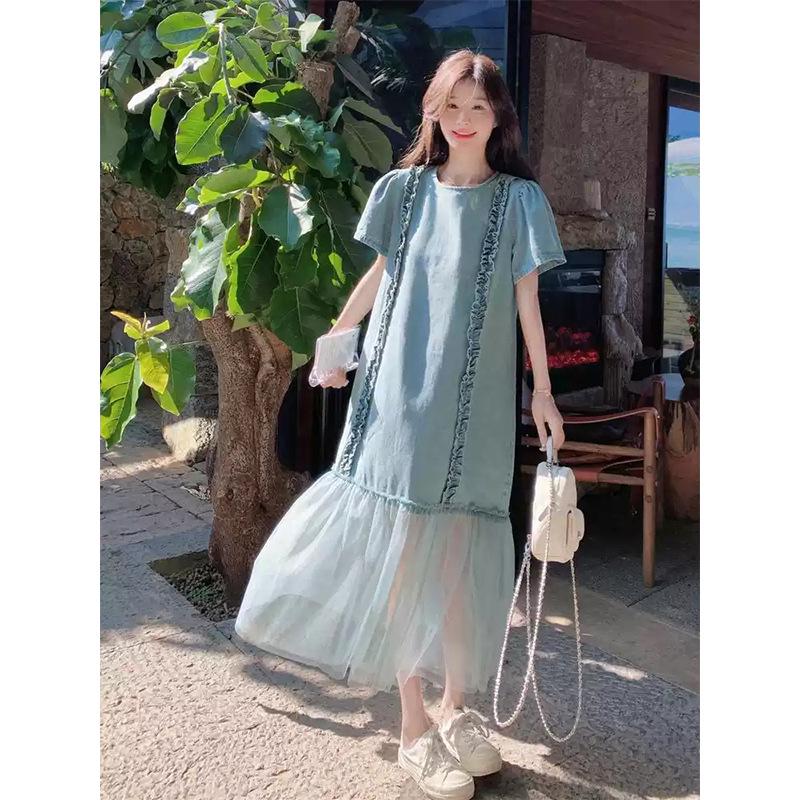 2026 Spring Sweet Lace Short-Sleeve Dress with Denim Maxi Skirt