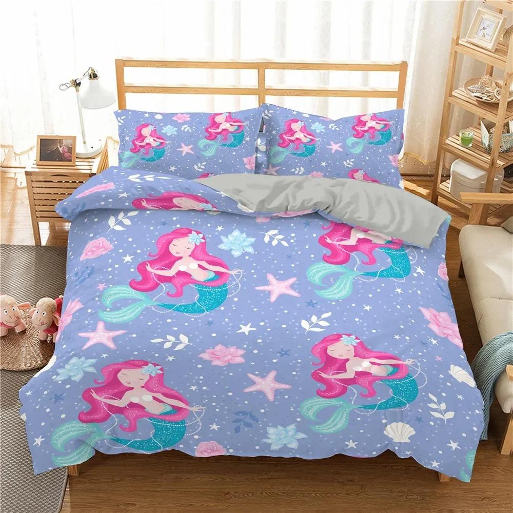 Set Biancheria da Letto Culla Copripiumino per Bambino Bambini Blu Cartone Animato Sirena Edredones Niños Ragazze Principessa Poliestere Copripiumino
