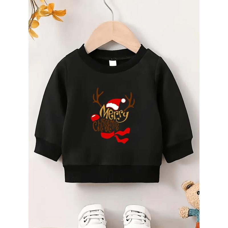 European Sizes Cute Christmas Reindeer Letter Print Sweatshirt for Kids Aged 0-3, Perfect for Everyday Wear
