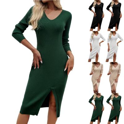 Damen Midi-Pulloverkleid, langärmelig, V-Ausschnitt, figurbetont, lässig, knielang, Winterkleid