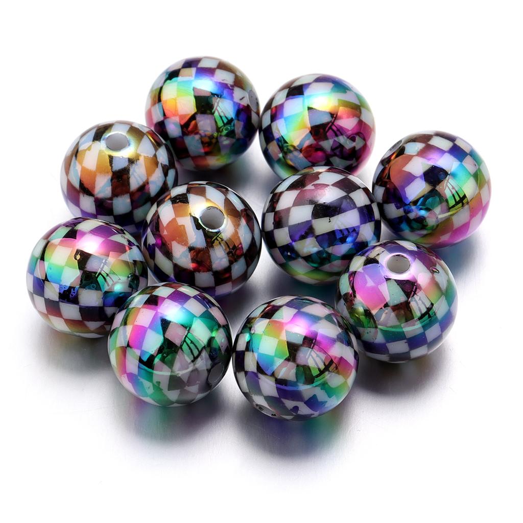 10Pcs 15.5mm Acrylic Plated UV Colored Beads Stripes Star Printed Loose Round Beads For DIY Phone Chain Jewelry Accessories