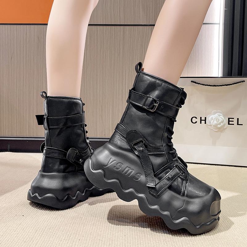 Fashion 8CM Fashion Women's Leather Punk Style Ankle Boots Autumn Winter Heels Chunky Sneakers High Platform Zip Motorcycle Boots Woman