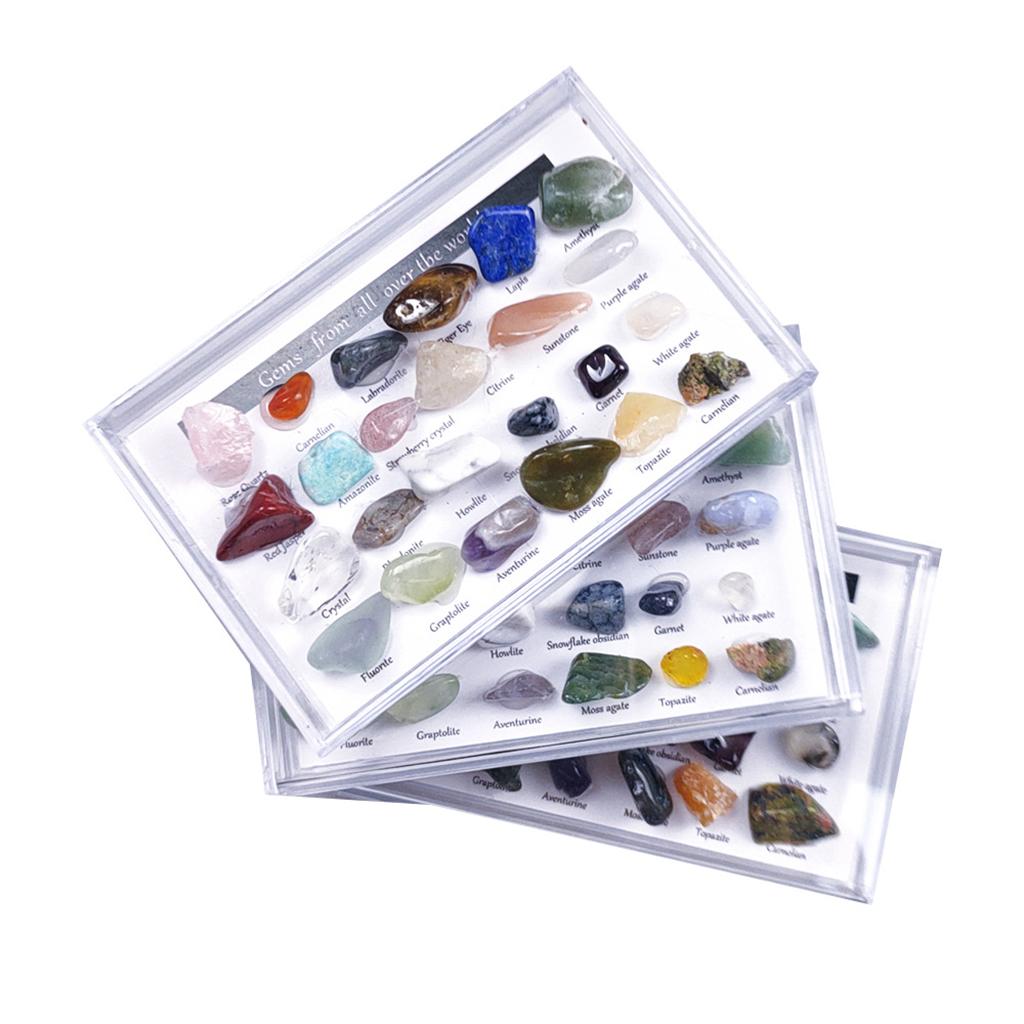 24Pc Rock & Mineral Collection with Collector Box/Display Case, ID Sheet, Gemstone Crystal Kit, STEM Geology Science Education