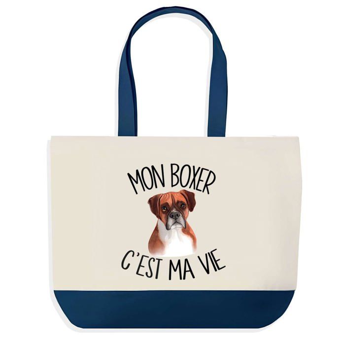 Sac cabas - PLANETEE - Boxer c'est la Vie - fond bleu - coton - 40 x 45 cm