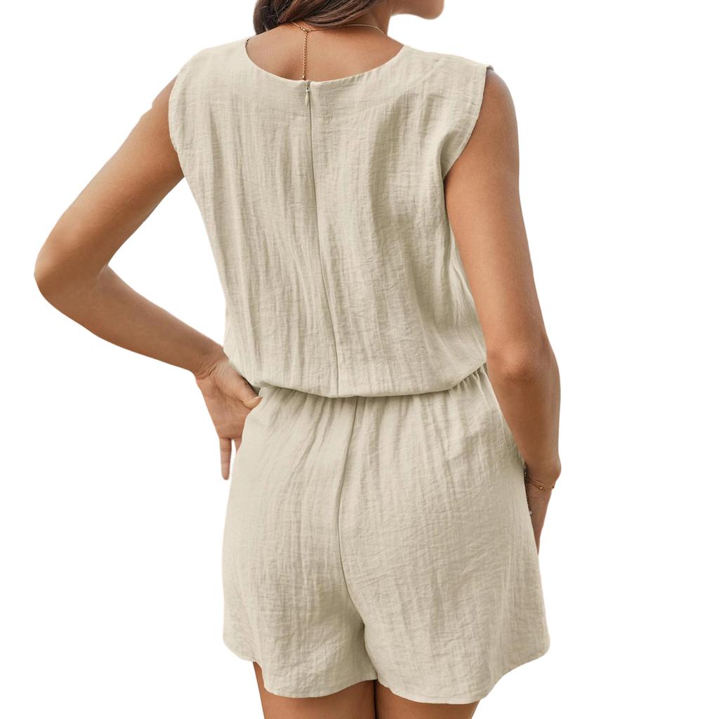 Women Sleeveless V Neck Mini Dress Casual Loose Fit Wrap Waist Design Lightweight Fabric for Daily Wear Vacation Office