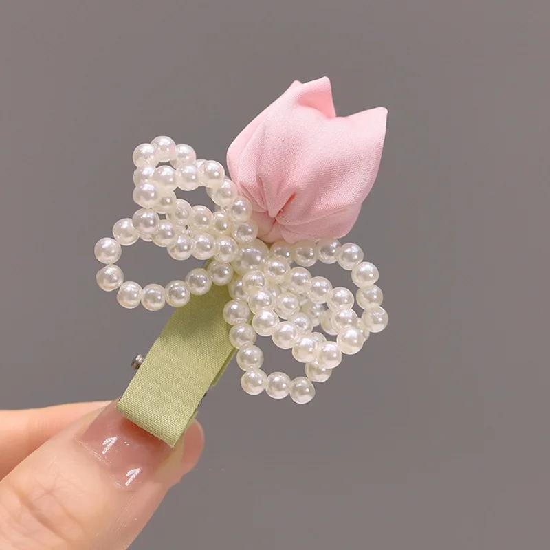 New Korean Sweet Pink Tulip Flower Clip Women Bow Duckbill High-end Fabric Elegant Girl's Headwear Hair Accessories