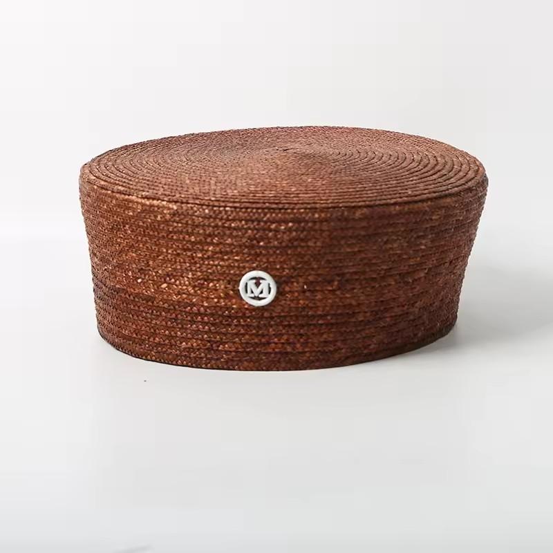 Ins Luxury 100% Natural Straw Berets Women French Hand Woven Sun Hat Concave Shape Flat Top Beach Caps Church Derby Pillbox Hat