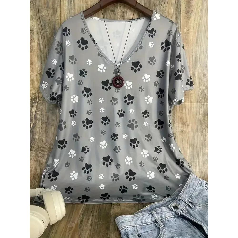 Summer V-neck 3D Cat Paw Pattern Printed Top Fashionable Casual Short Sleeved Women's T-shirts