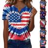 Camiseta Feminina Casual Moda Dia da Independência Estampa Bandeira Americana Listras e Estrelas Gola V Manga Curta Botões Decorados
