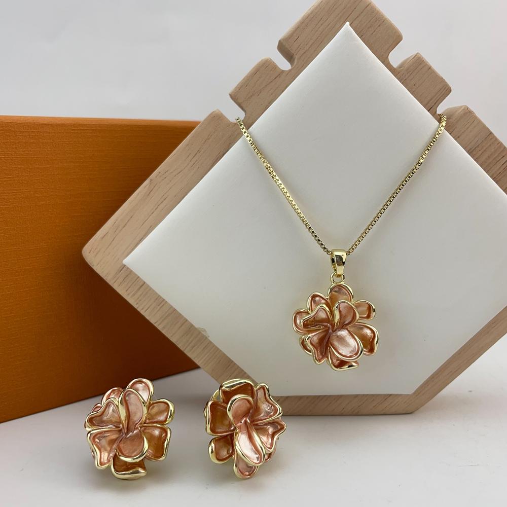 Full Gold 3D Flower Jewelry Set Women Necklace Earring Luxury Accessory KY25180