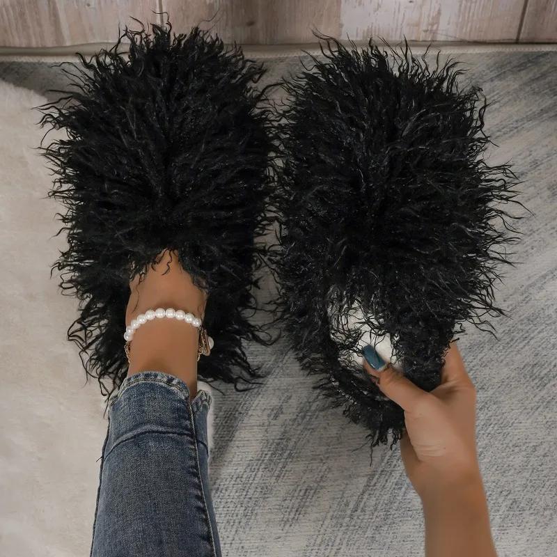 Fashion Womens Shoes New Spring Autumn Fashion Cosplay Luxury Fluffy Faux Fur Flat with Slip-on Basic Casual Soild Round Toe Slippers