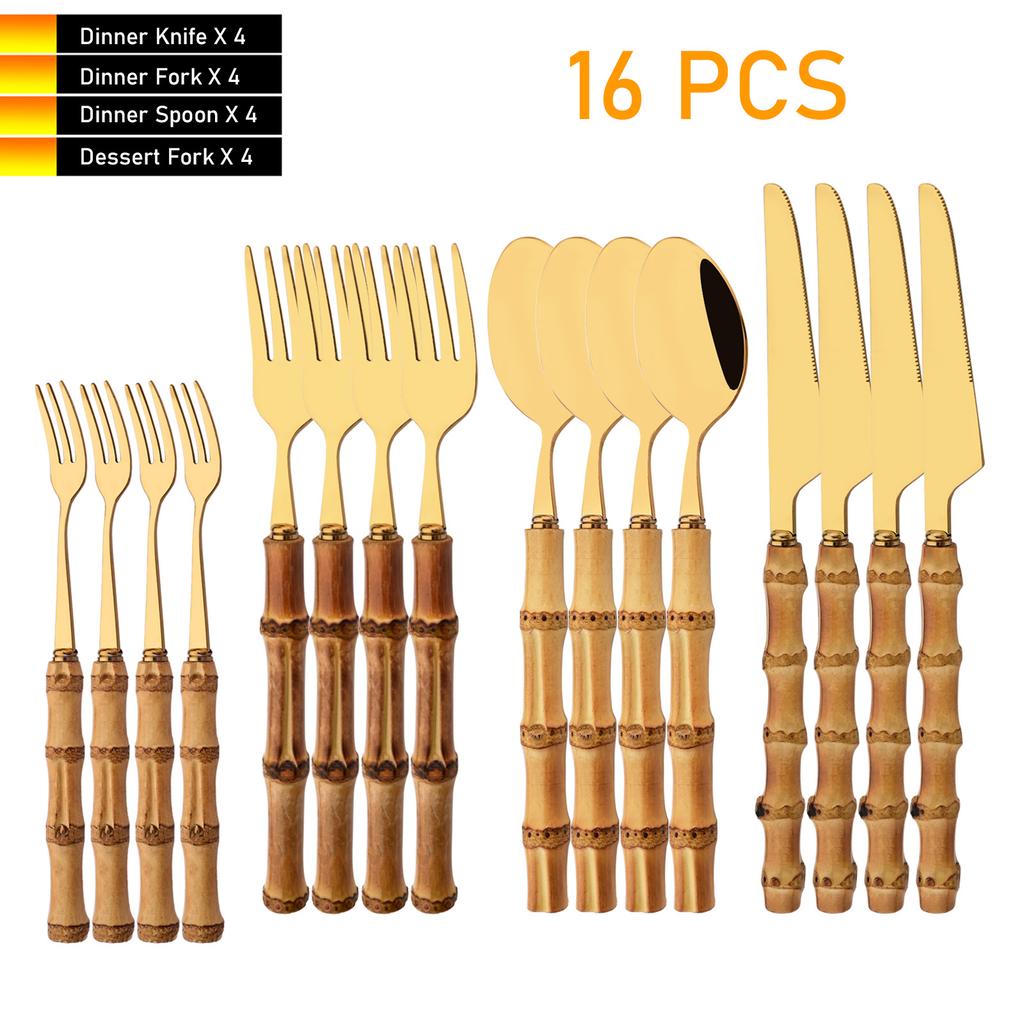 16 PCS Bamboo Handle Flatware Set, Stainless Steel Silverware Set for 4, Knives Forks Spoons and Tea Fork Set, Use For Home Kitchen Party and Travel