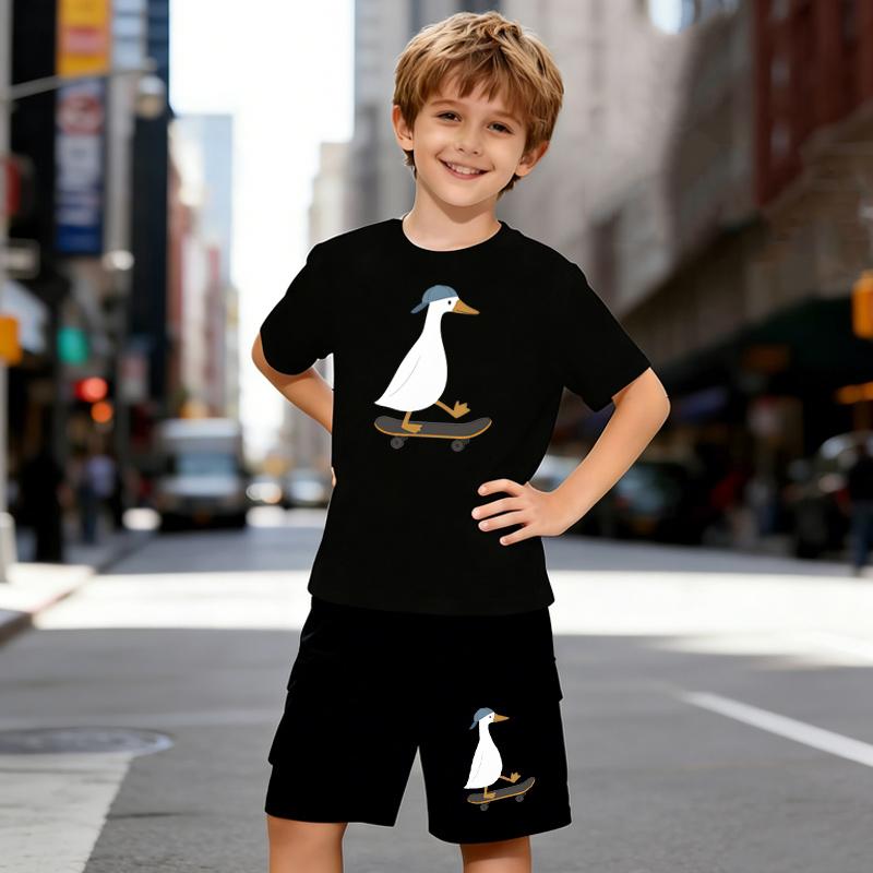 

Boys 2 Piece Skateboarding Duck Pattern Outfit, Short Sleeve T-Shirt and Shorts Set for Kids Age 5-14,Black and White Sporty Casual Summer Clothes 5-6 Years чёрный