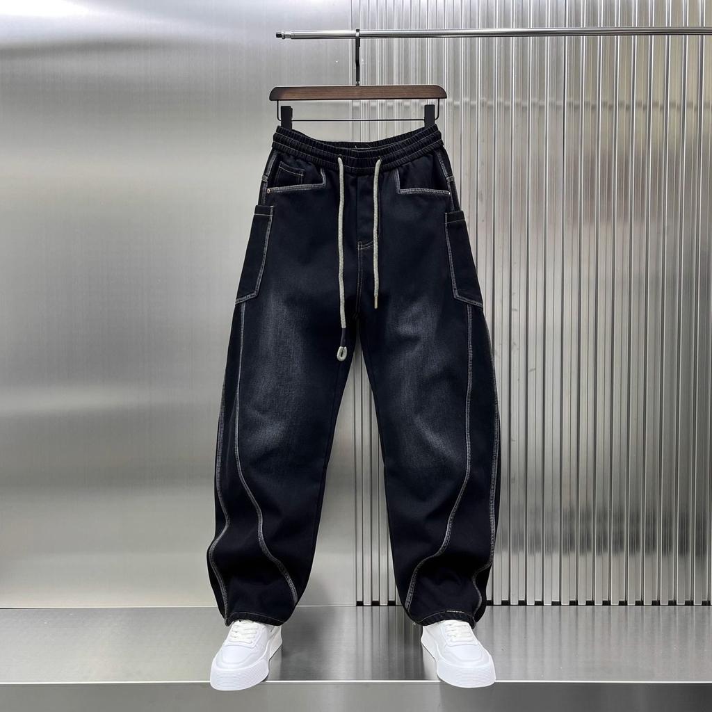 Spring Autumn Splicing Cutting Elastic Waist Large Size Washed Loose Wide Leg Big Pocket Scimitar Drawstring Jeans