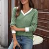 Women's Casual And Fashionable V-neck Contrast Color Long-sleeved Top