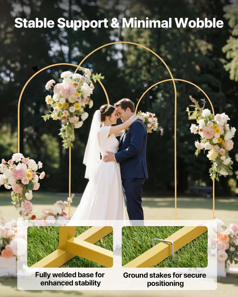 Arch Backdrop Stand, Set of 3, 2.4/2.2/2 m, Stable Structure, Easy Assembly, Gold Metal Arch Backdrop Stand for Wedding, Birthday Party, Graduation,