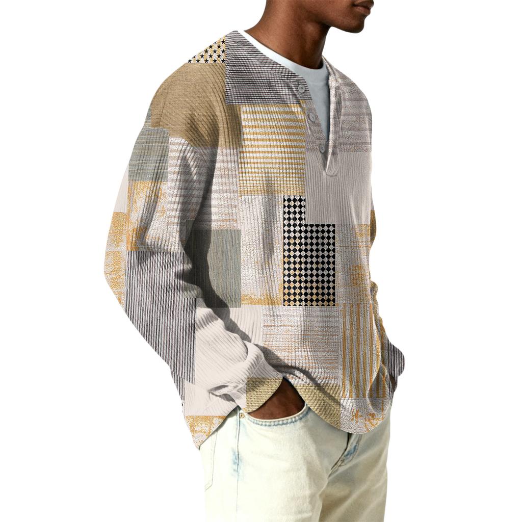 Męski sweter z dzianiny prążkowanej z długim rękawem, z kołnierzykiem zapinanym na guziki