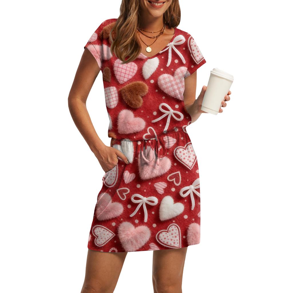 Women's V,Neck Short,Sleeve Drawstring Pocket Valentine's Day Print Casual Dress