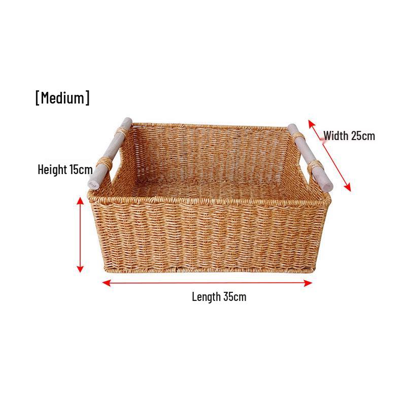 Proutěný pletený koš s dřevěnou rukojetí do obývacího pokoje, na svačinu, do hotelu, na prádlo a pro skladování.