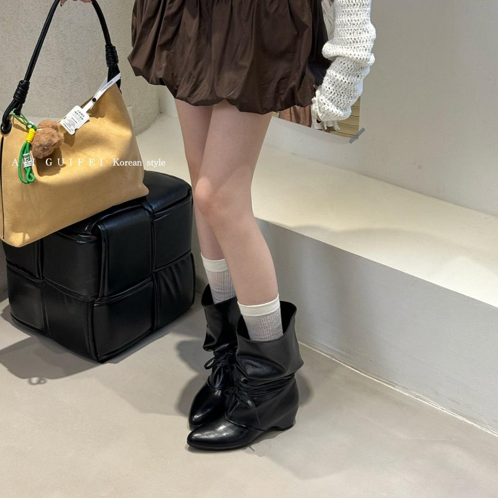 Retro pointed strap western cowboy boots women's new inner height increase versatile soft leather with skirt boots