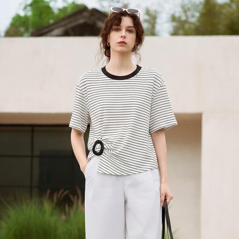 ELLE Retro Stripe Color Block Twist Short Sleeve T-Shirt