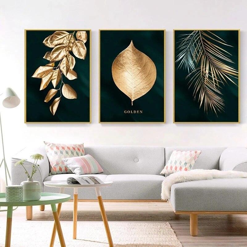 Black Gold Leaves Art Canvas Paintings Modern Plants Flowers Posters and Prints Wall Pictures for Living Room Wall Decor Cuadros
