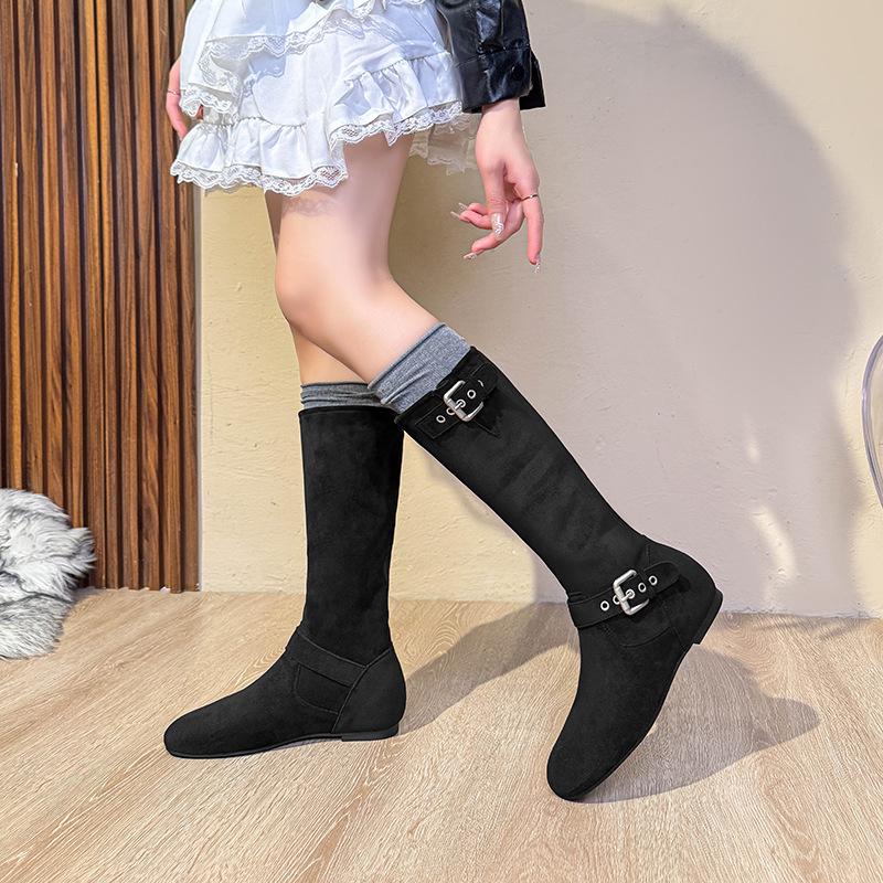 Korean Style Belt Buckle Mid-Calf Western Boots: Trendy, Comfortable & Versatile for Winter 2025 with High Socks.