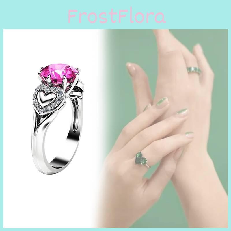 Fashionable Heart Shaped Pink Zircon Crystal Ring With Silver Plated Adjustable Band For Women
