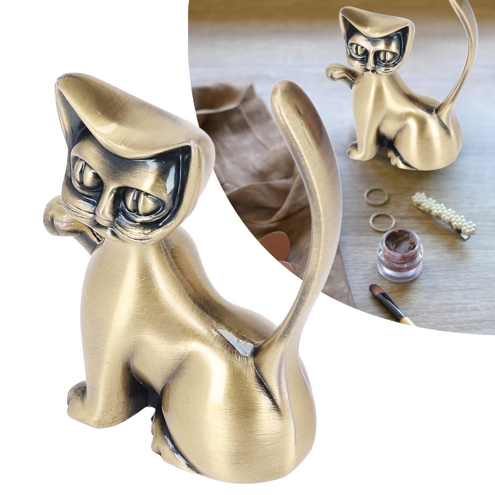 Zinc Alloy Cat Ring Holder Solid Brass Cat Statue Jewelry Towers Ring Organizer  Shelf Decor