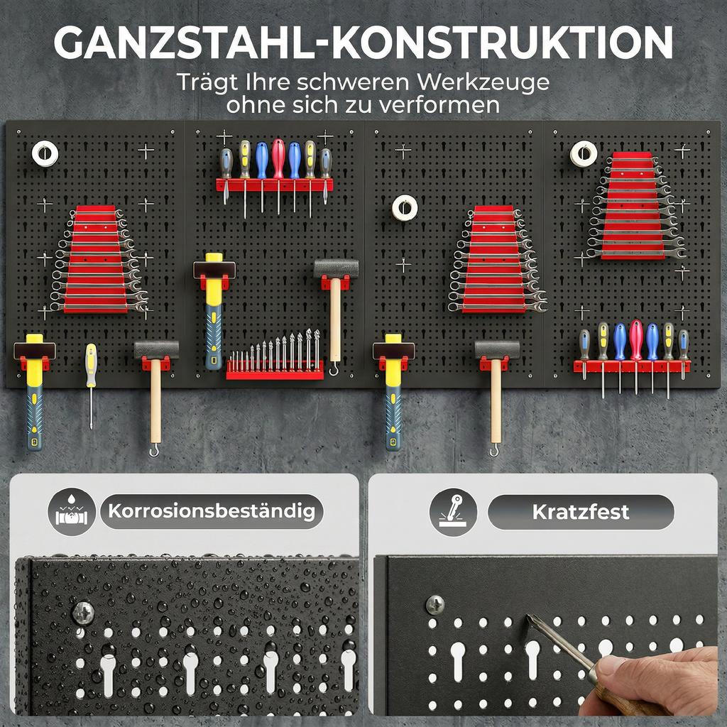 38-teiliges wandmontiertes Lochplattensystem mit 4 Platten, Werkzeugaufbewahrungseinheit für die Garage, Schwarz und Rot