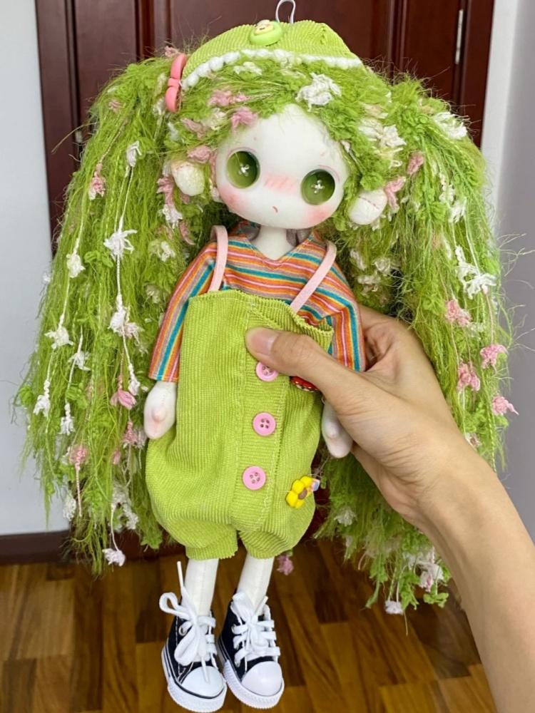 Handcrafted Art Doll  Green Hair Rainbow Striped Top Green Overalls Collectible Cute Stuffed Doll Kids Gift Decorative
