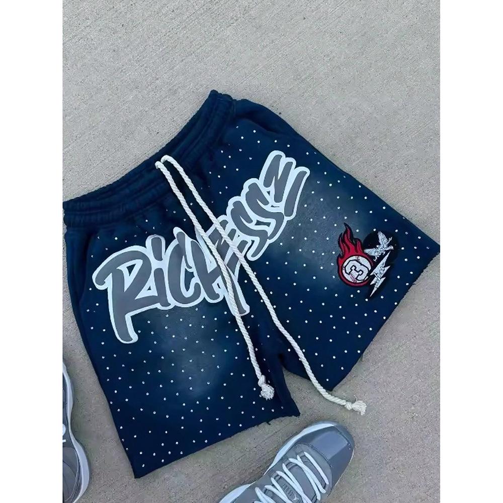 Retro Distressed Embroidered Men s Summer Sports Shorts 2XL синий