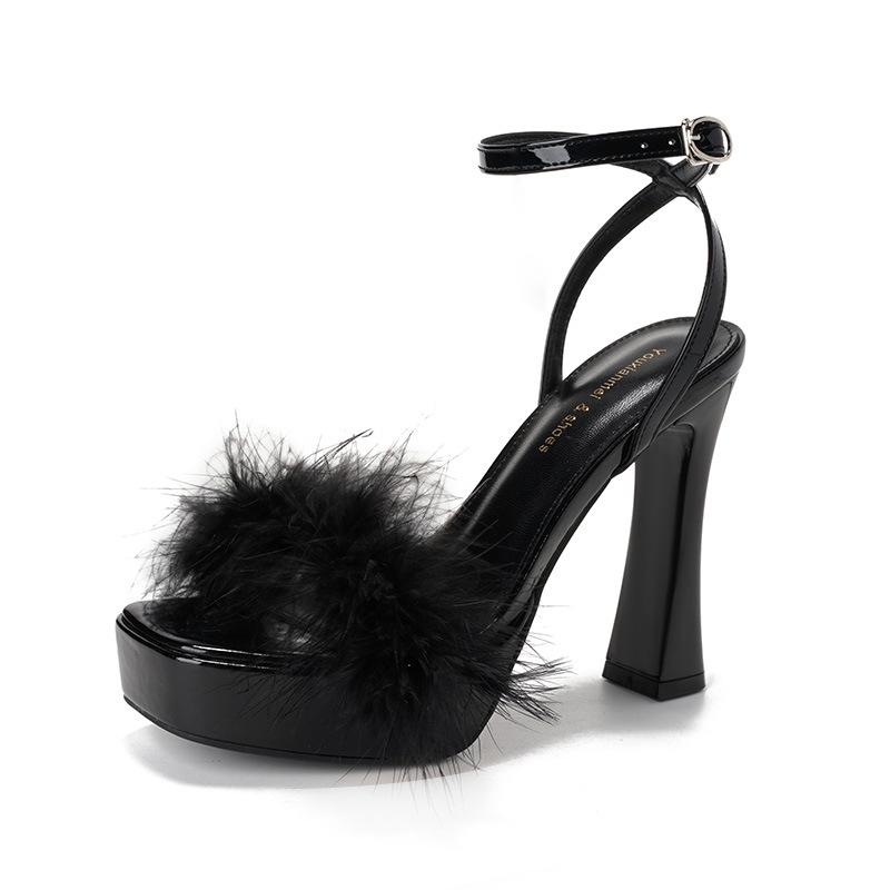 9696-1 Women's Fairy Style Temperament High Heel Sandals with Furry Strap and Thick Heel