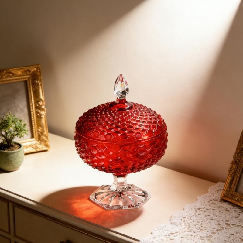 Bocal à Bonbons Épais en Verre Cristal Rouge avec Couvercle Boîte à Bijoux Ornementale Estampée Élégante Sucrenière pour Décorations de Mariages Fêtes
