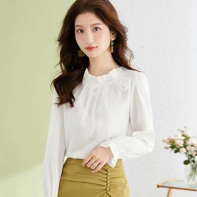 Schleifen-Chiffon-Hemd Damen Langarmhemd Frühlingshemd Alleskombinierbares Oberteil im Westernstil