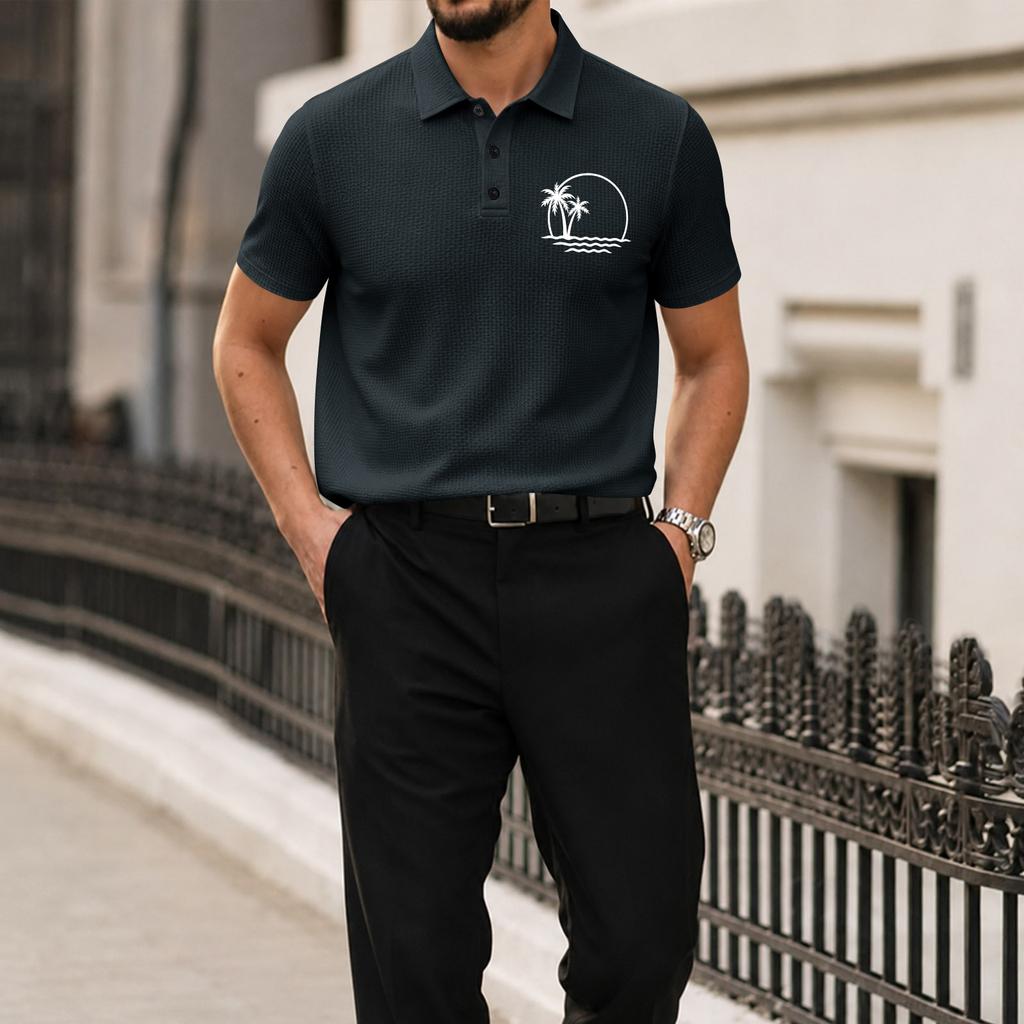 Men Short Sleeve Polo Shirt with Lapel Collar and Printed Pattern Lightweight Breathable Ice Silk Fabric Casual Fit Top
