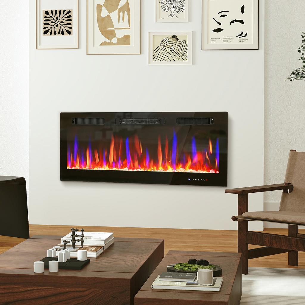 Wall-mounted or Built-in Electric Fireplace 900W/1800W, Flame Effect with 12 Colors 5 Brightness Levels, 106.7x9.4x47cm, Black