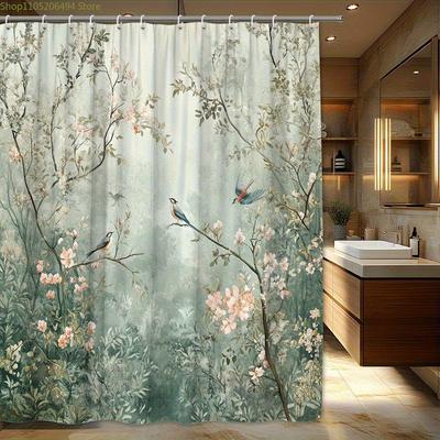 1 Stück Duschvorhang mit Blumenbaum-Vogelmuster, Digitaldruck Hochwertig Elegant Vintage Badezimmervorhang Dekoratives Muster, Kein Dr