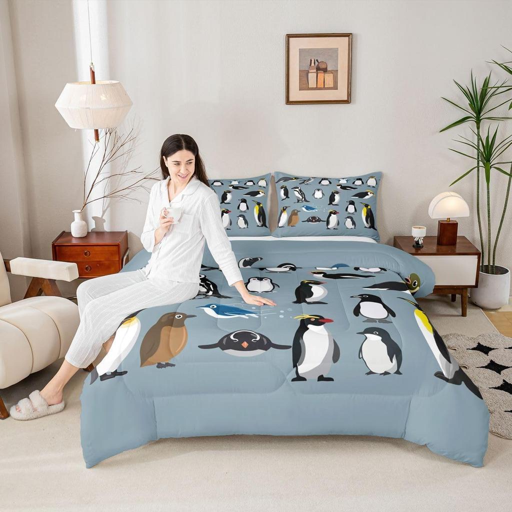 Erosebridal Penguins Bedding Set for Boys Young,Antarctica Animals Wildlife Comforter Set for Kids Man,Cartoon Little Penguins Quilted Duvet
