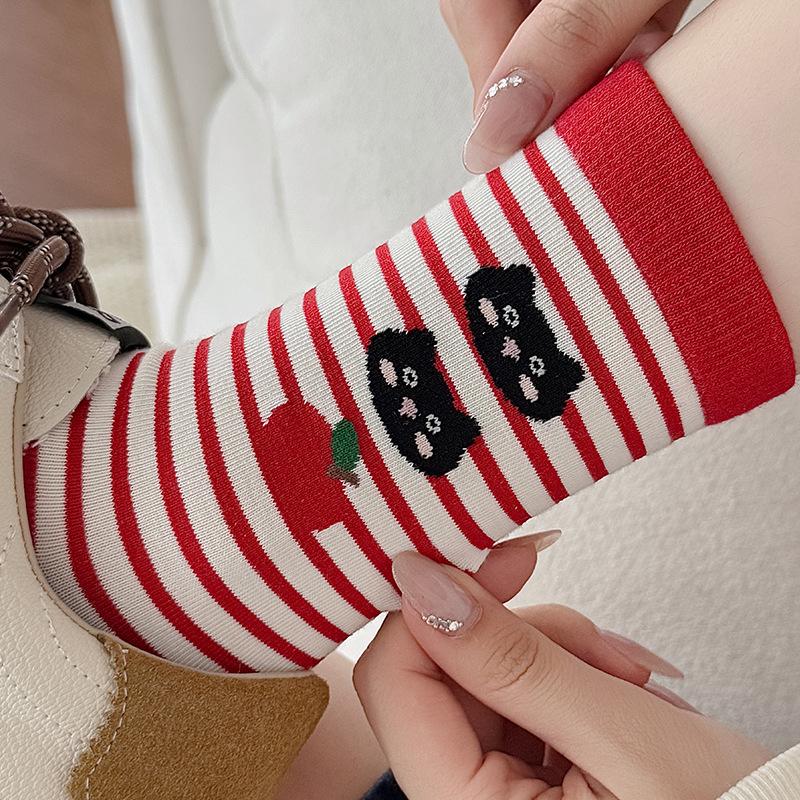 Autumn Women's Socks, Mid-calf Socks, Cartoon Cat Through-pile Socks, Student Socks for Women
