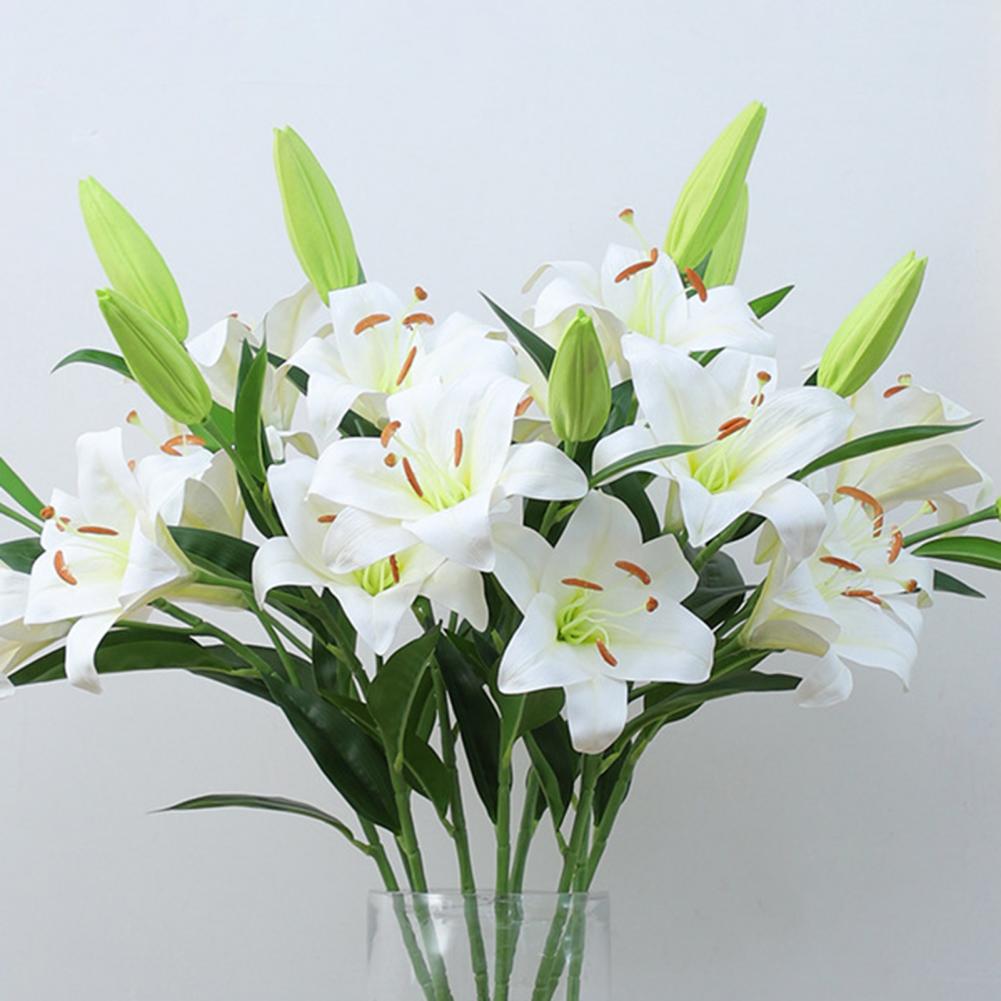 Artifical Lily Flowers with 3 Heads Full Bloom Long Stem Fake Flower Branch for Wedding Party Bouquet Home Hotel Office Decor